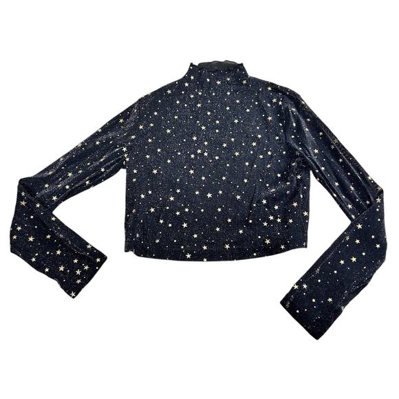 Black Mesh Crop Top Sz M Gold Stars Mock Neck Long-Sleeve Blouse Stretch - Picture 8 of 10